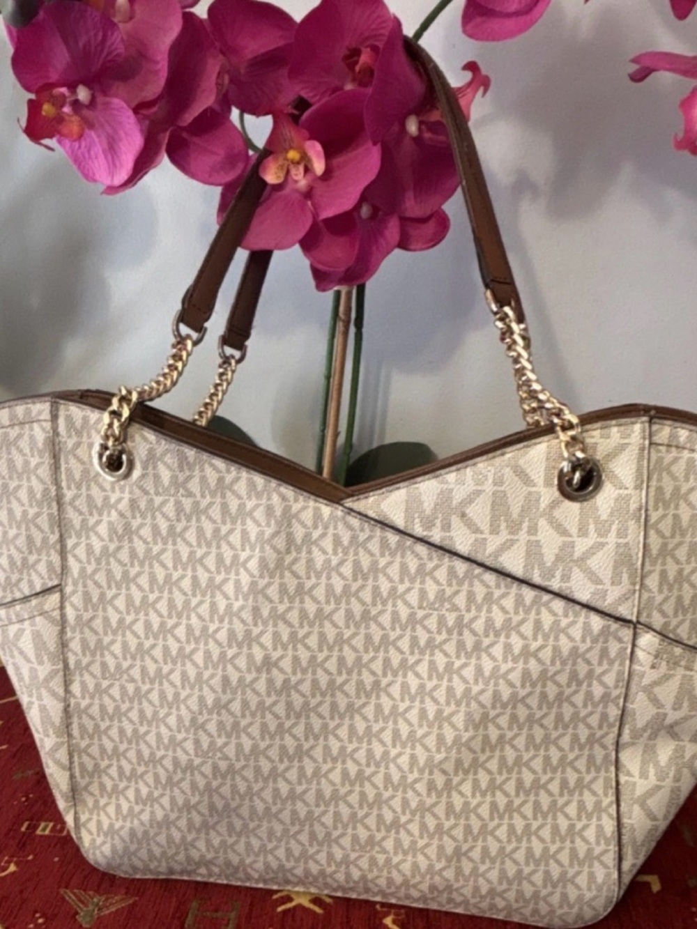 Michael Kors Cream and Brown MK Logo Tote with Gold Chain Handles